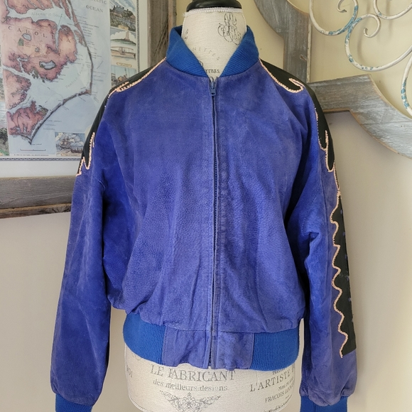 Vintage Royal Blue Suede Black Leather Patchwork Bomber Jacket Fox Run K… - Picture 14 of 16